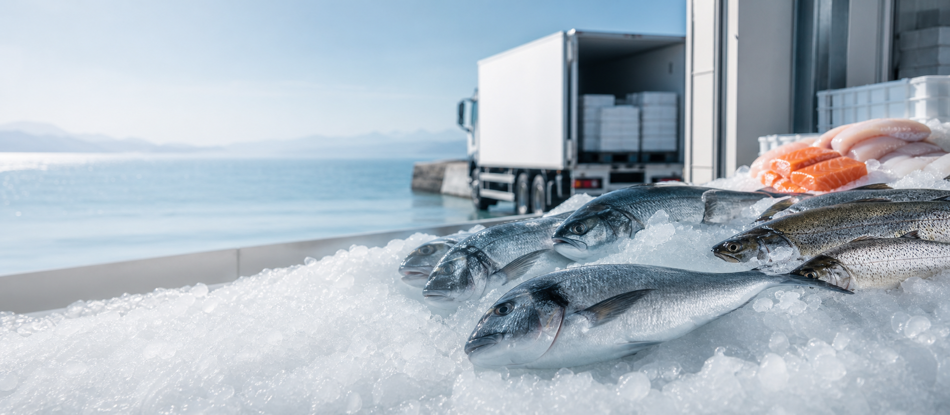 Fresh fish on ice in a modern seafood cold-chain environment